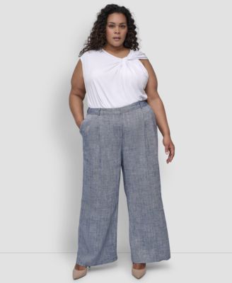 DKNY - Plus Size High Rise Zip-Front Wide-Leg Pants