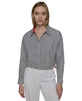 KARL LAGERFELD PARIS - Women's Cotton Striped Contrast-Collar Shirt