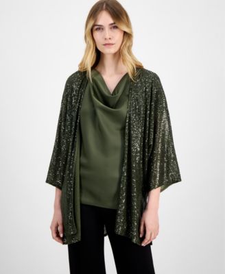 Anne Klein - Women's Sequined Open-Front Mesh Kimono Cardigan