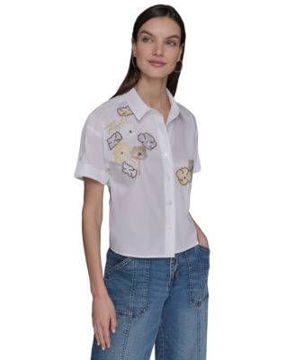 KARL LAGERFELD PARIS - Women's Embroidered Floral Camp Shirt