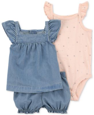 Carter's - Baby Girls Cotton Chambray Top, Shorts & Printed Bodysuit, 3 Piece Set
