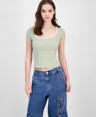 Just Polly - Juniors' Lace Trimmed Short-Sleeve Shirt