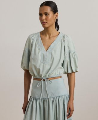 Lauren Ralph Lauren - Women's Chambray Cropped Bubble-Sleeve Blouse