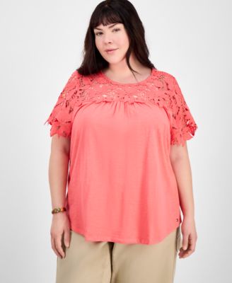 Tommy Hilfiger - Plus Size Lace Yoke Short-Sleeve Top