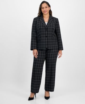 Le Suit - Plus Size Windowpane Check Notch Collar Pantsuit