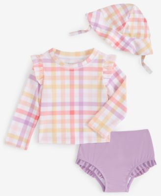 First Impressions - Baby Girls Plaid Hat, Swim Top & Bottoms