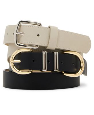 Steve Madden - Topstitched Textured Polyurethane Belt With Square Buckle + Smooth Polyurethane Belt With Mirrored Two Tone Hardware