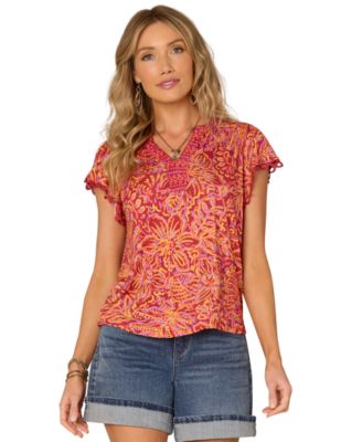 Democracy - Petite Flutter-Sleeve Printed Knit Top