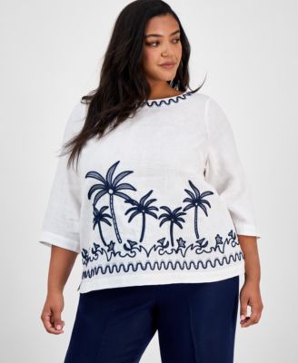 Charter Club - Plus Size Corded Embroidered Linen Top