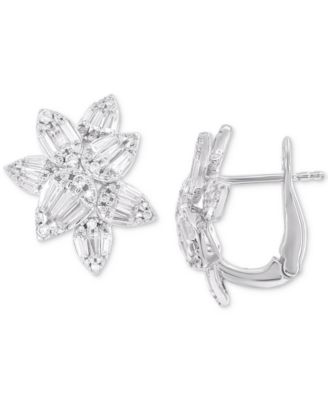 Macy's - Diamond Round & Baguette Flower Earrings (1-1/2 ct. t.w.) in 14k White Gold