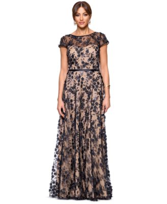 XSCAPE - Petite Short-Sleeve Boat-Neck Embellished-Overlay Gown